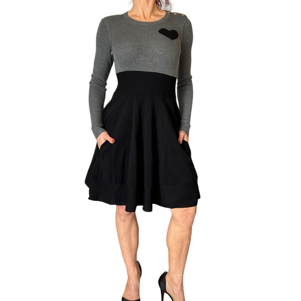 SONIA RYKIEL Grey Black Sweater Dress Merino Wool Knit Heart Long Sleeve Small